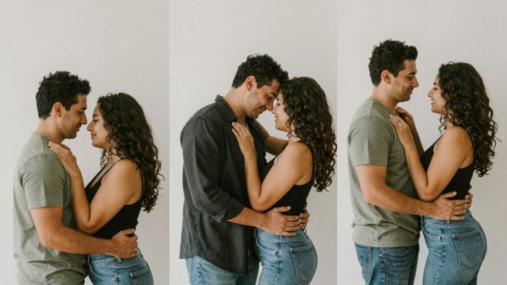 Couples in various stages of physical intimacy.