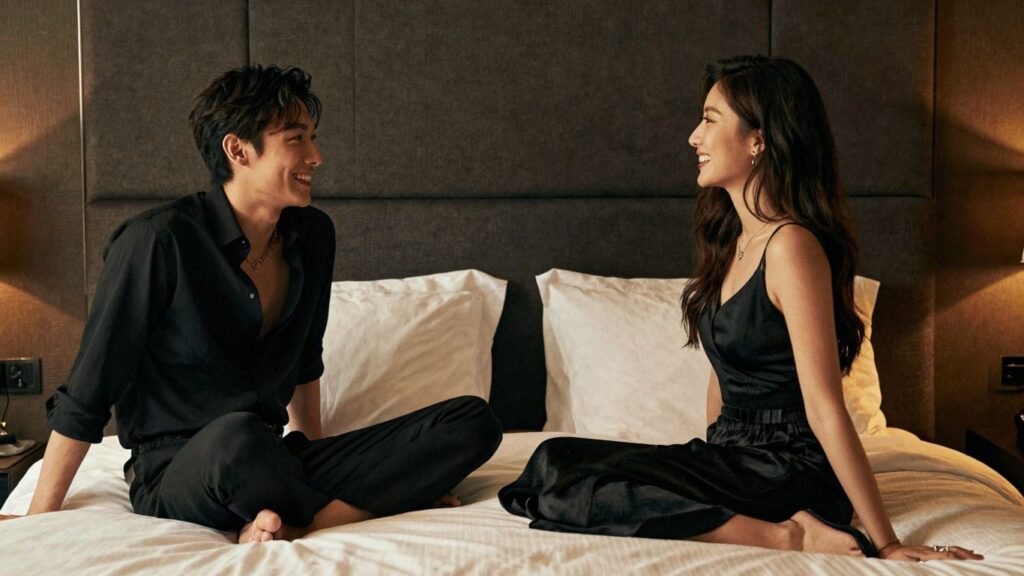 Couples mingling at a sophisticated black sheet party.