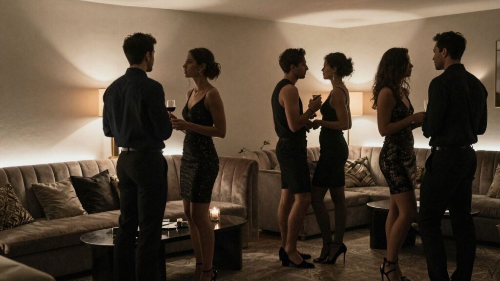 Couples mingling at a sophisticated, dimly lit party.