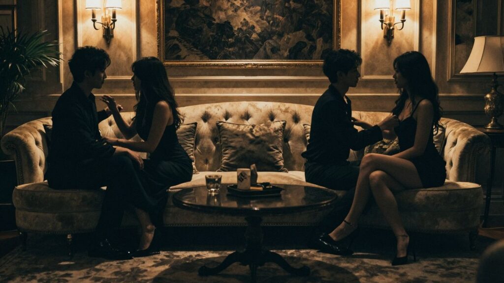 Couples mingling in a dimly lit, luxurious room.