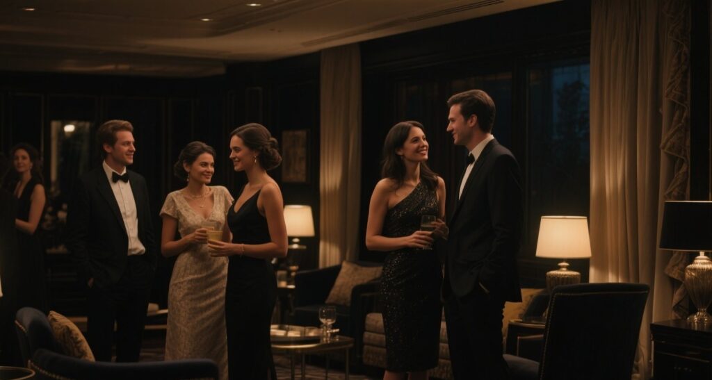 Couples mingling in a dimly lit, luxurious room.