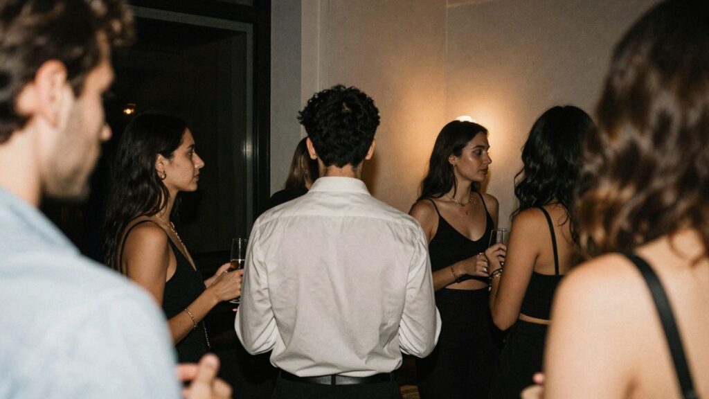 Couples socializing at a private swinger party.