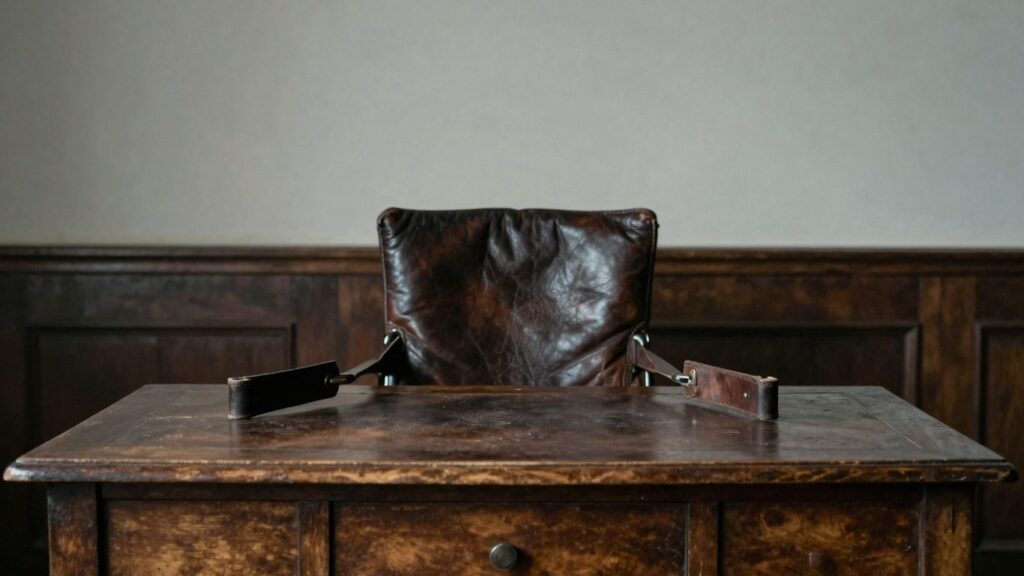 Dimly lit room with textures of leather and wood.