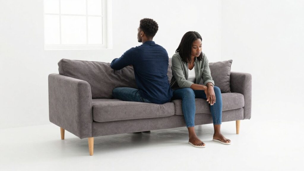 Distant couple on a couch, showing emotional disconnect.
