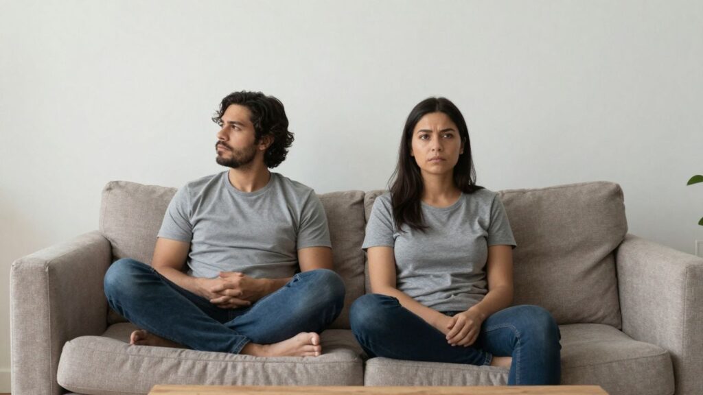 Distant couple on couch, subtle communication breakdown.