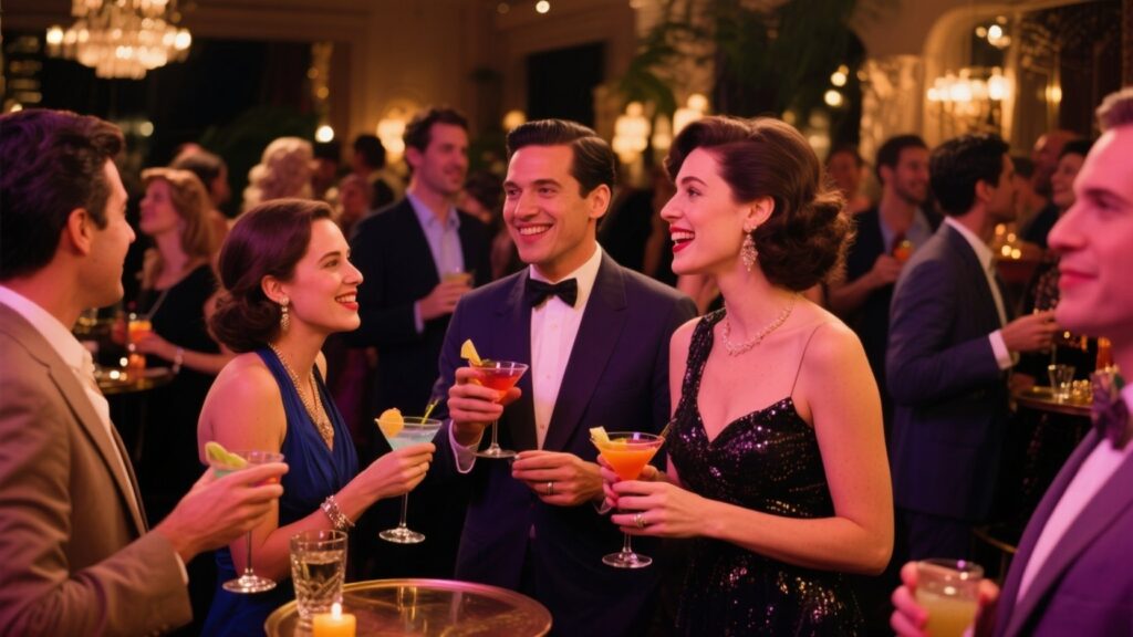 Diverse adults enjoying a sophisticated party atmosphere.