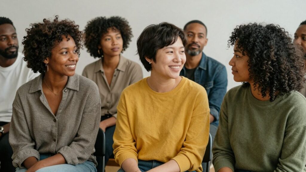 Diverse adults in intimate, connected setting.