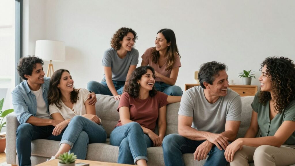 Diverse adults interacting comfortably in a modern living room.