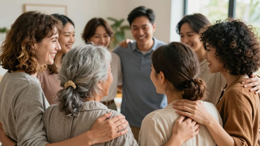 Diverse group embracing, conveying joy and connection.
