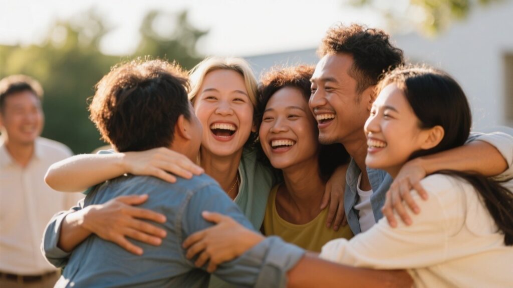 Diverse group embracing with joy and affection.