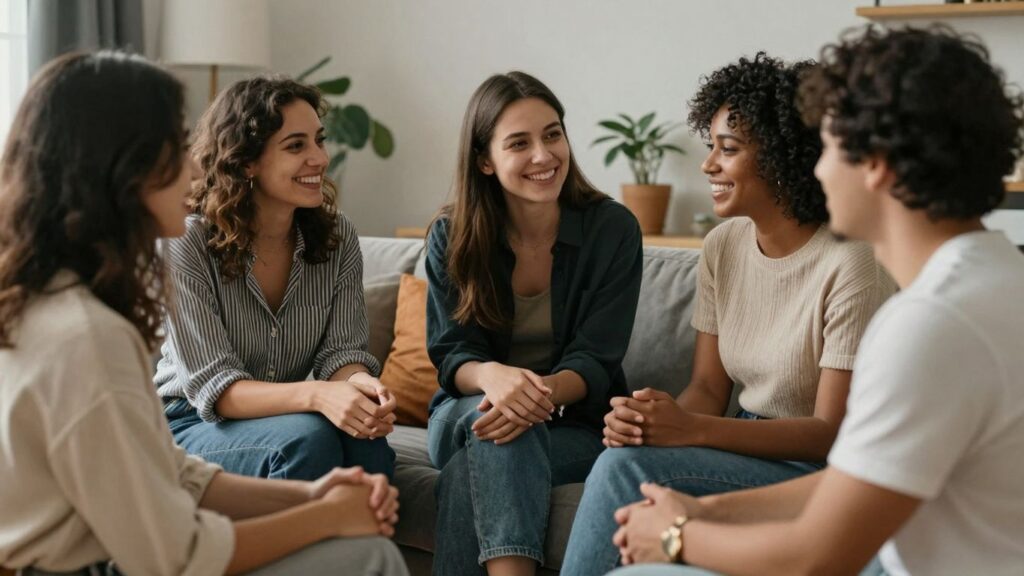 Diverse group in a comfortable setting, showing affection.