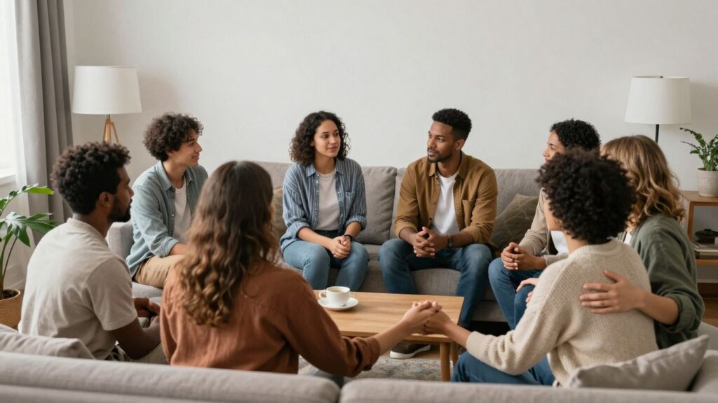 Diverse group in a living room, showing connection and comfort.
