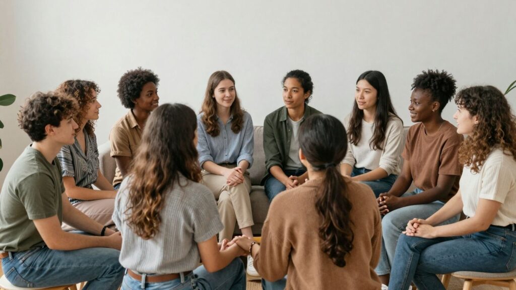 Diverse group in a polycule, showing connection and acceptance.