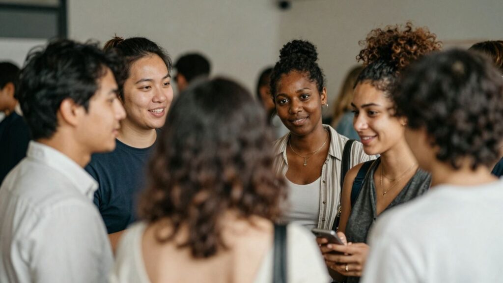 Diverse group in a social setting, suggesting connection.
