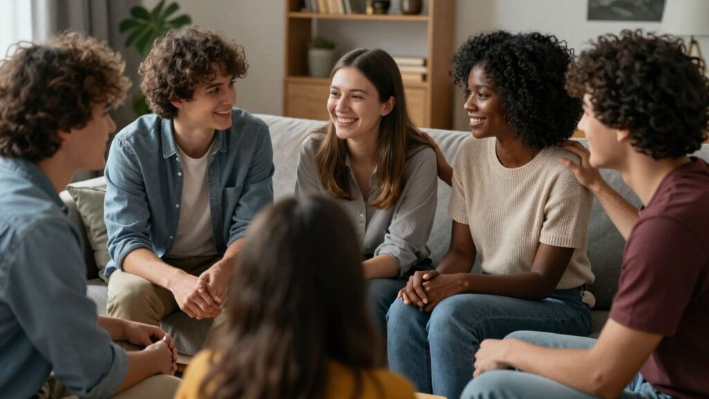 Diverse group in a supportive, connected relationship.