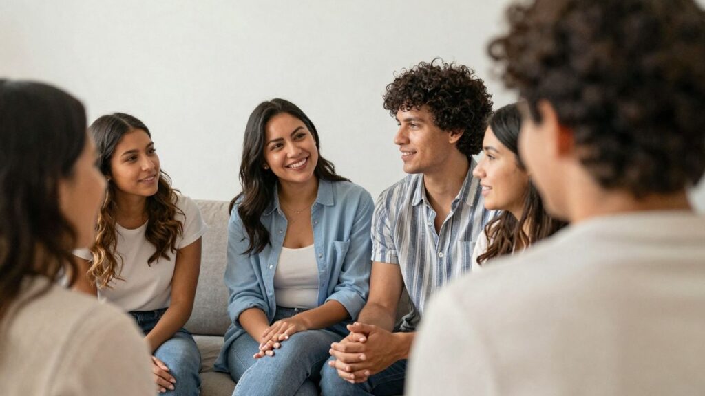 Diverse group in a warm, inviting setting, conveying connection.