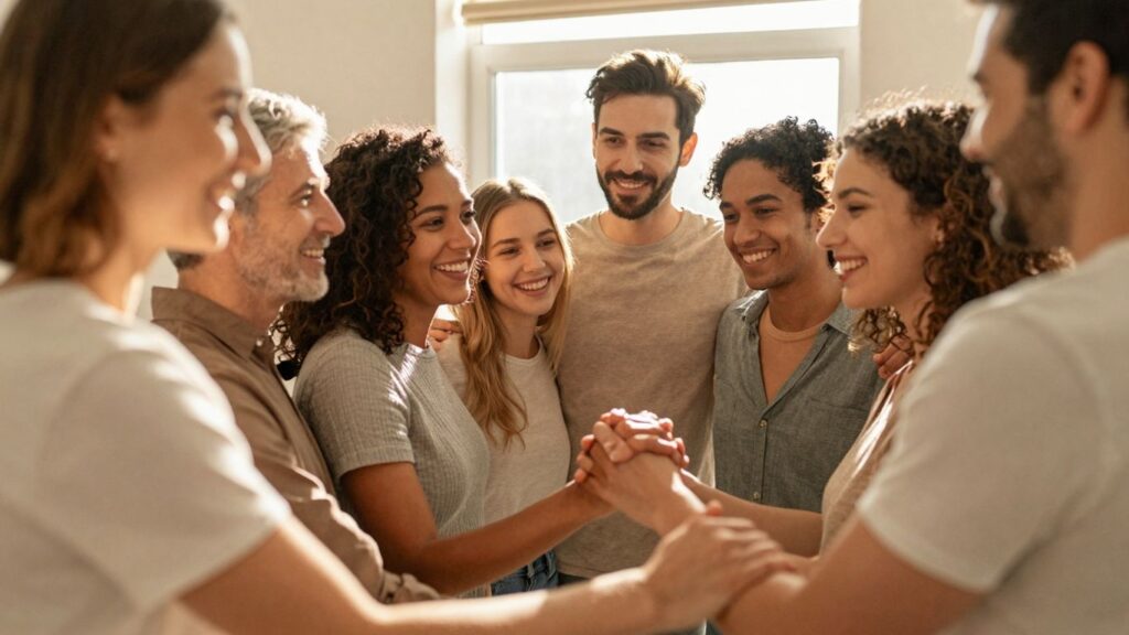 Diverse group in a warm setting, showing connection and acceptance.
