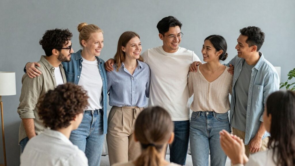 Diverse group in a warm setting, showing connection and affection.
