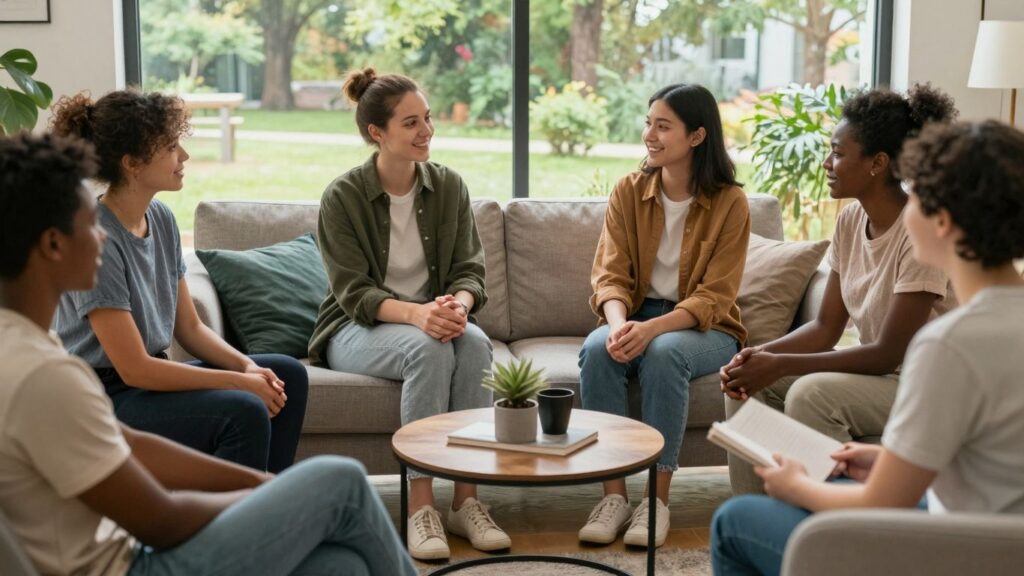 Diverse group in comfortable setting, suggesting connection.