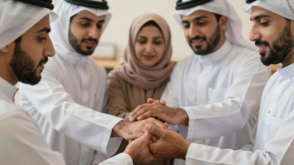 Diverse group in intimate setting, showing connection and support.