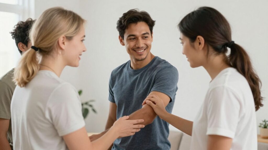 Diverse group in warm setting, conveying connection.