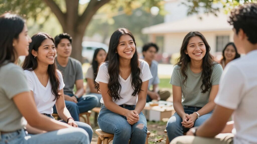 Diverse group of people connecting in a friendly outdoor setting.
