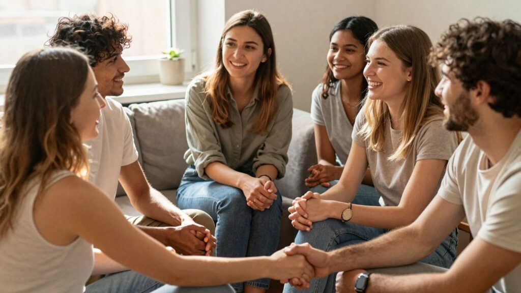 Diverse group of people connecting in a warm, accepting setting.
