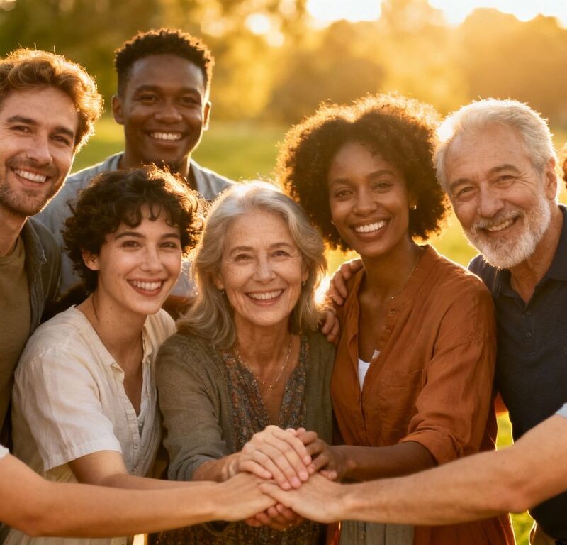 Diverse group of people connecting in a warm, inviting outdoor setting.