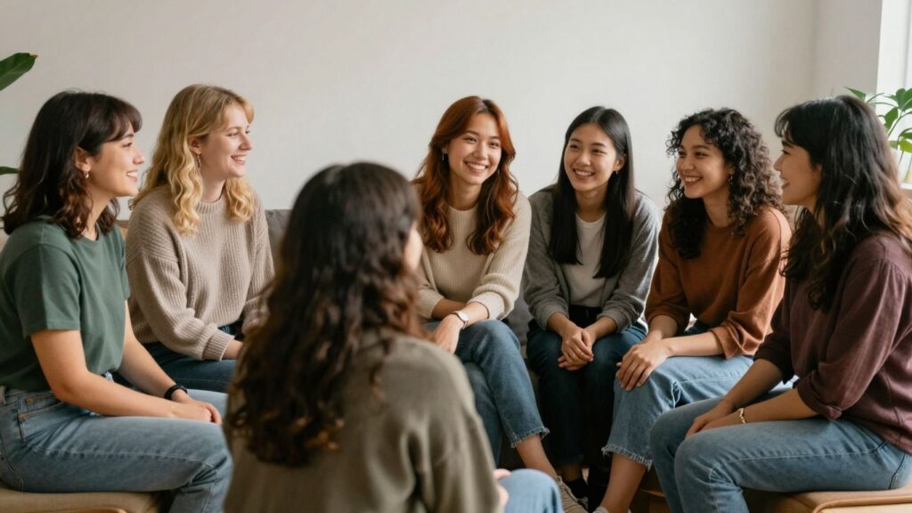 Diverse group of people in a warm, affectionate interaction.