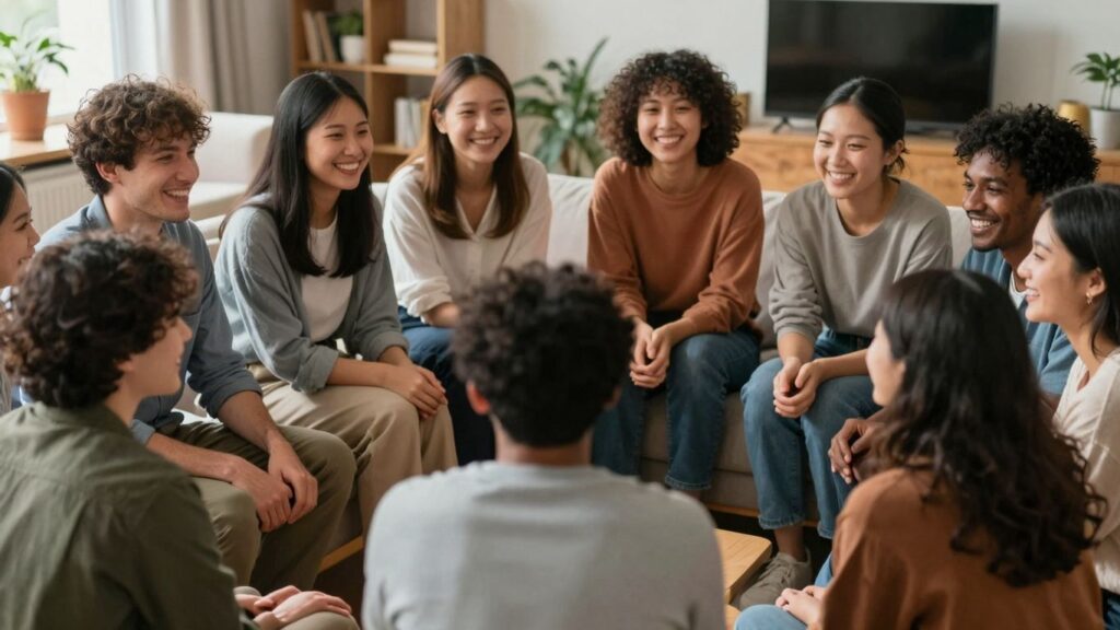 Diverse group sharing smiles and connection in a warm setting.