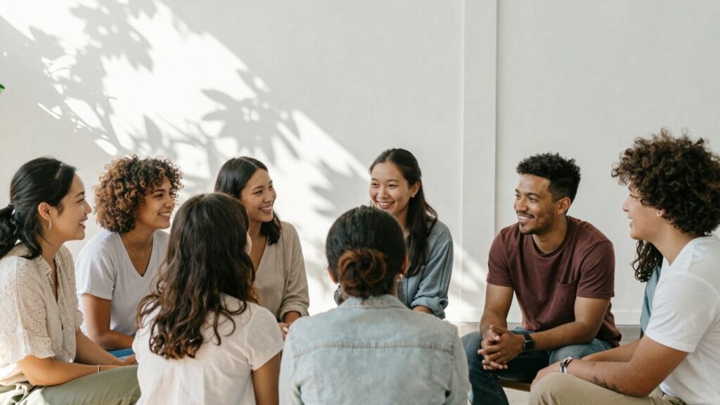 Diverse group sharing smiles and connection outdoors.