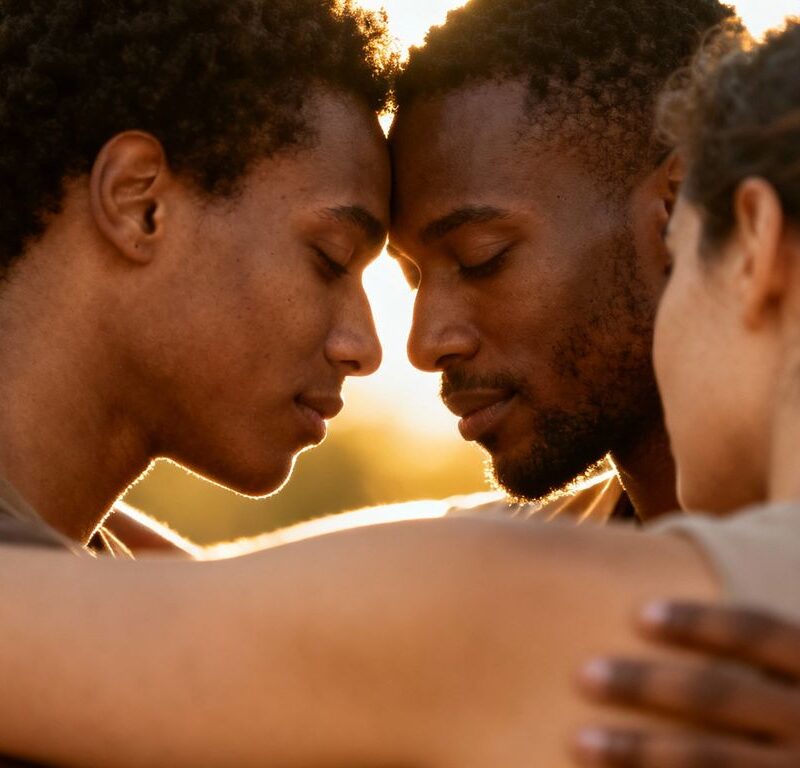 Diverse individuals in a respectful, intimate embrace.