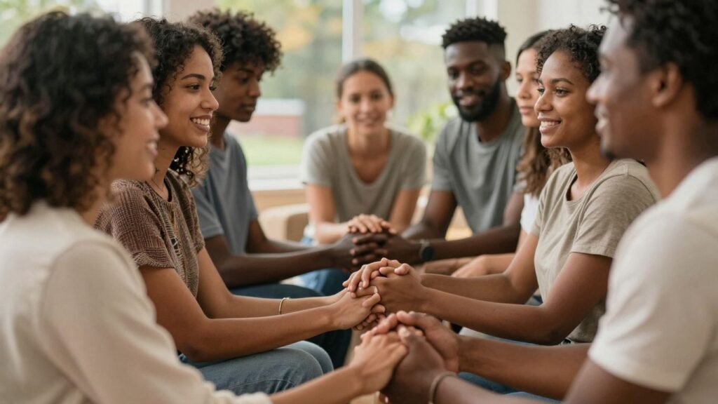 Diverse people connecting in a warm, accepting environment.