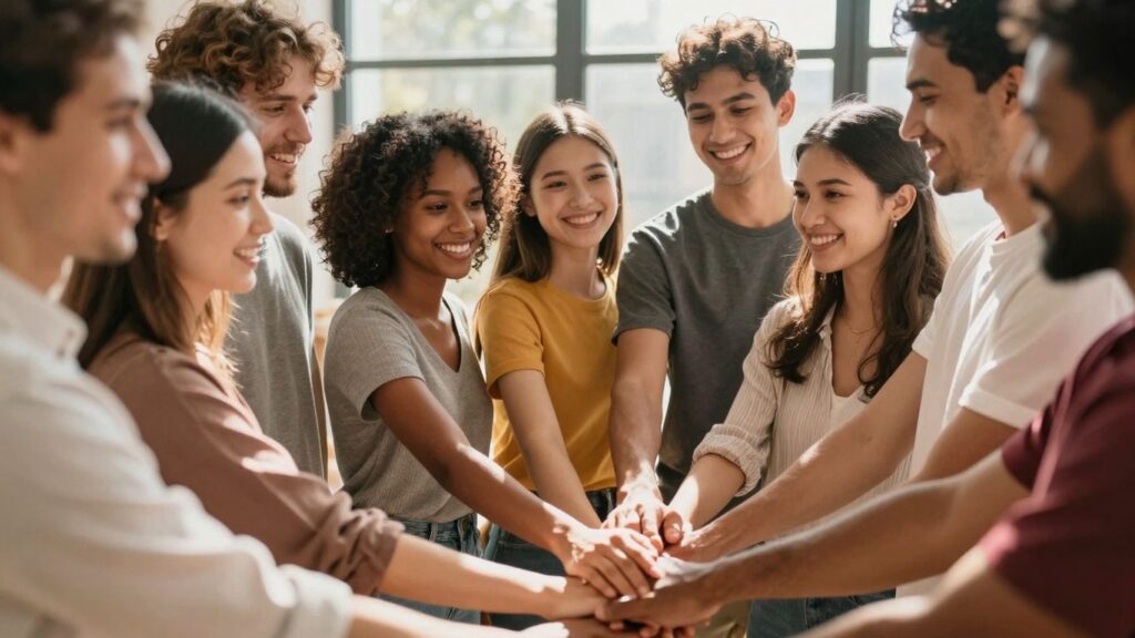 Diverse people smiling, holding hands, bathed in sunlight.