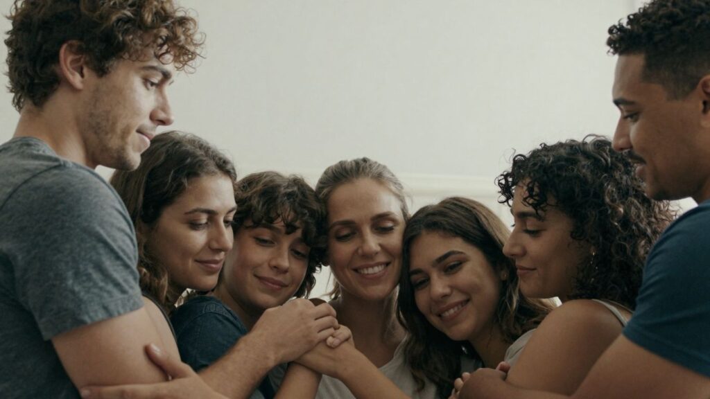 Diverse polycule embracing, showing support and connection.