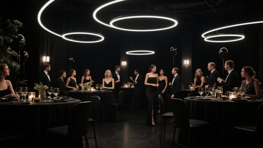 Elegant black party ambiance with soft lighting and stylish guests.