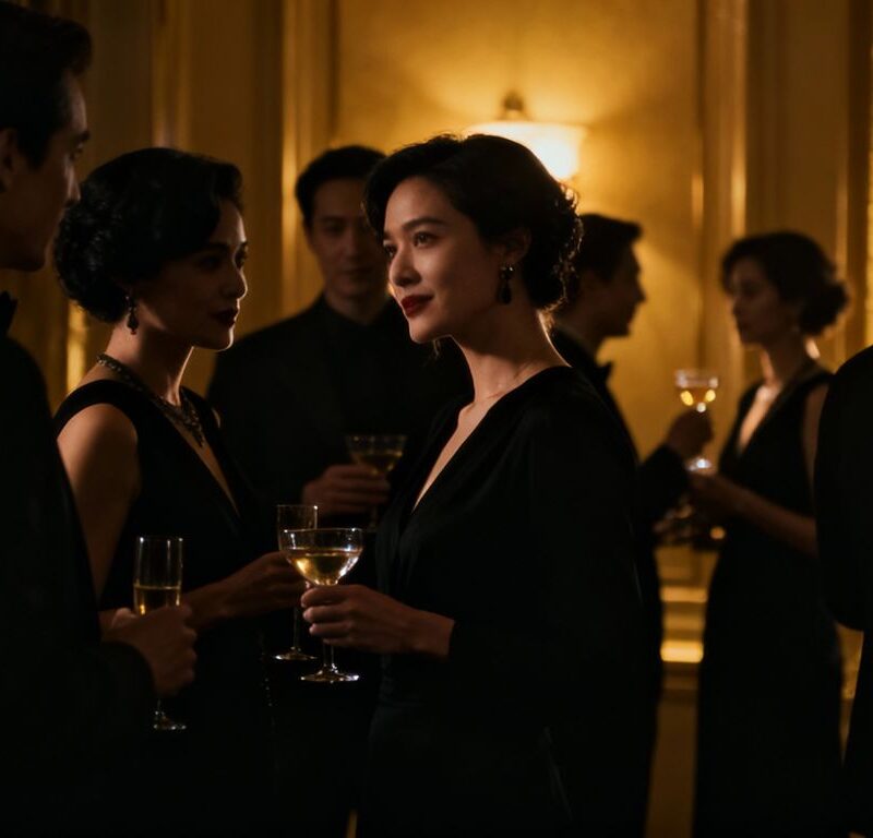 Elegant black-themed party with people in formal attire.