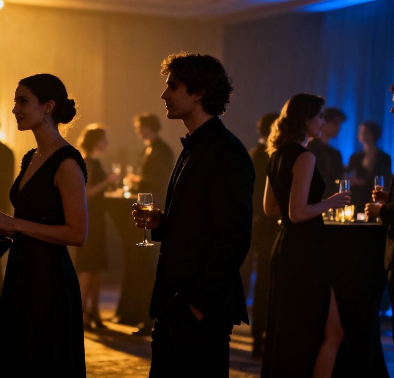 Elegant guests at a black sheet party.