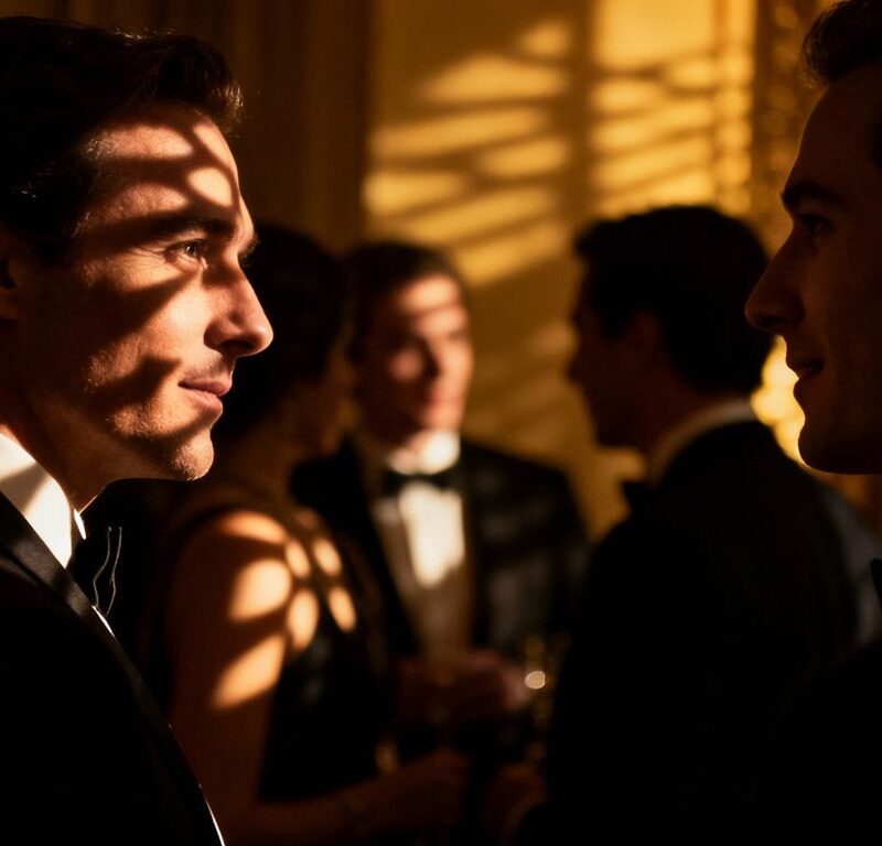 Elegant guests at a mysterious black sheet party.