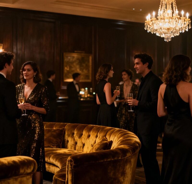 Elegant guests at a mysterious, dimly lit private party.