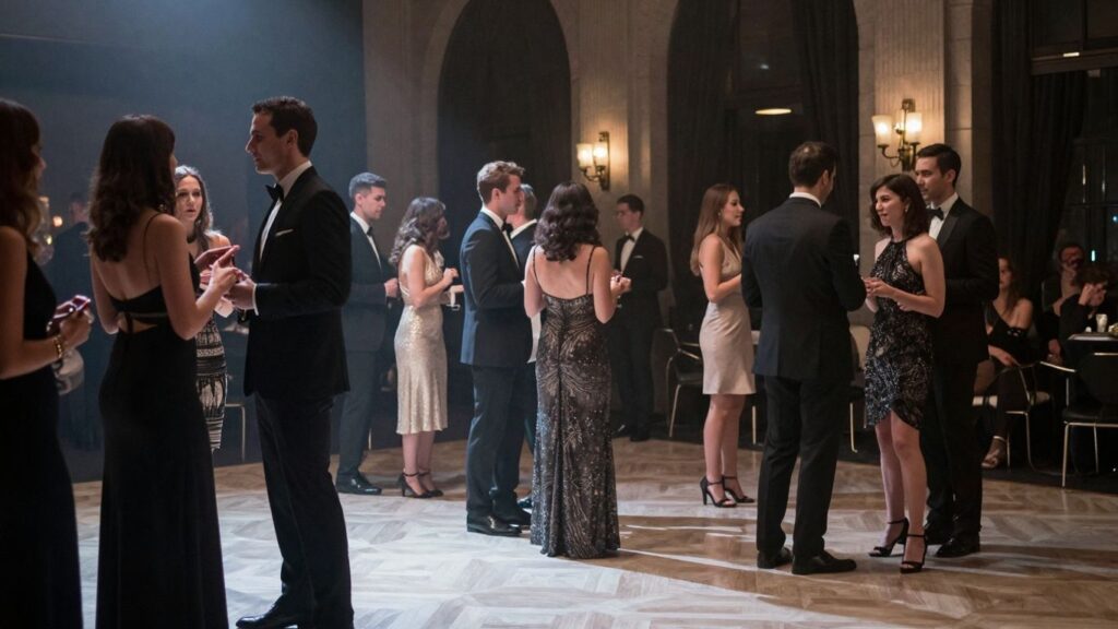 Elegant guests at a sophisticated black sheet party.