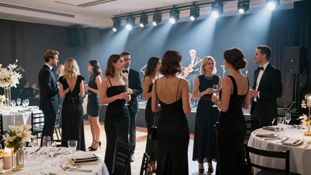 Elegant guests at a sophisticated black-tie party.