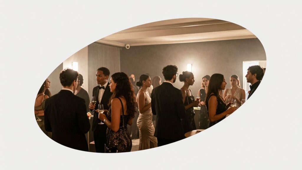 Elegant party atmosphere with guests mingling in soft lighting.