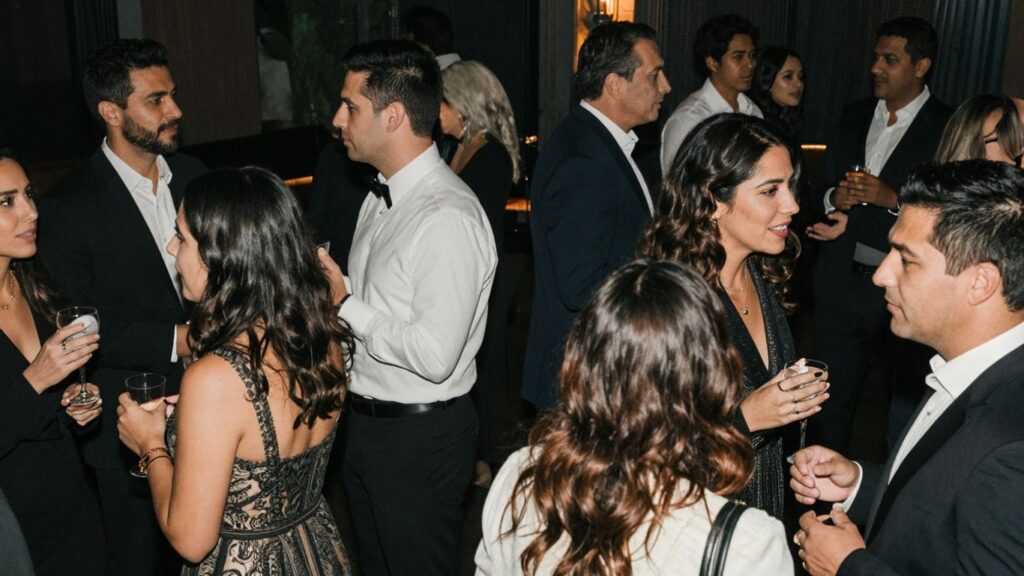 Elegant party with diverse guests in a sophisticated atmosphere.