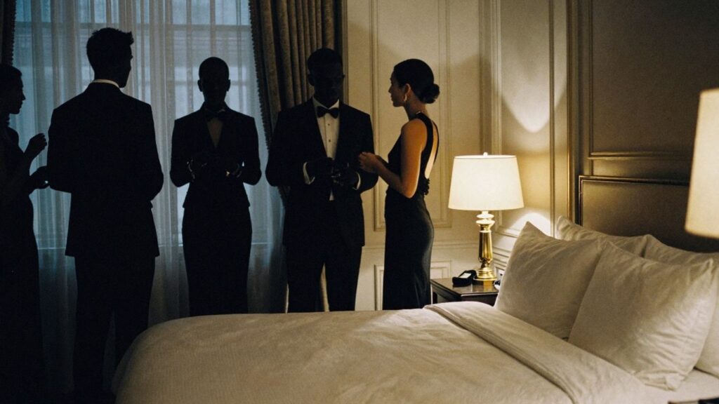 Elegant silhouettes at a sophisticated black sheet party.