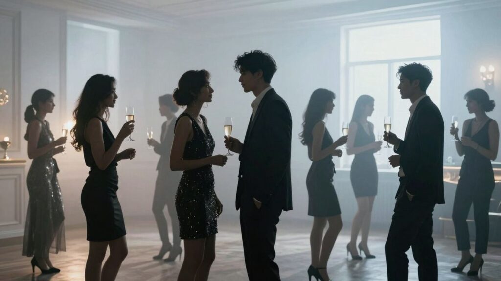 Exclusive party with silhouettes and ambient lighting.