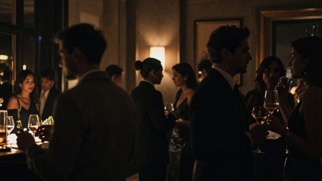 Exclusive party with silhouettes of people mingling.