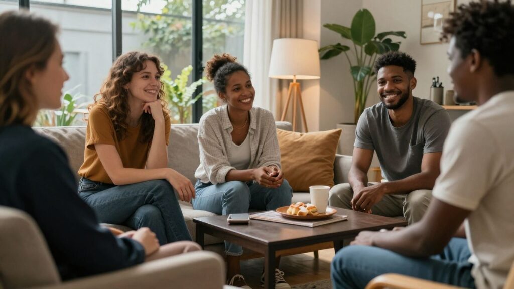 Friends connecting in a comfortable, open setting.