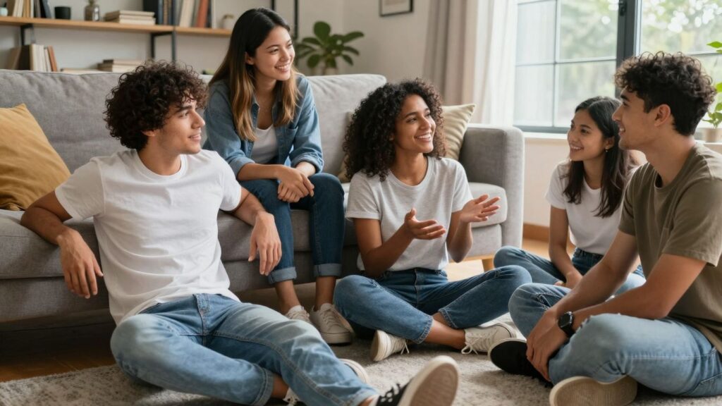 Friends interacting positively in a casual, bright indoor setting.