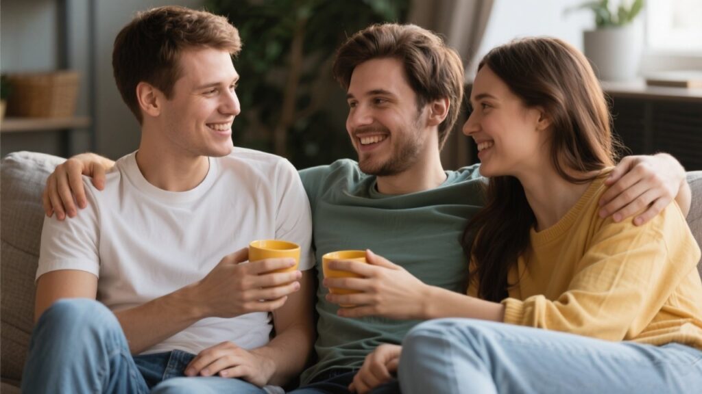 Friends sharing a comfortable and intimate moment together.